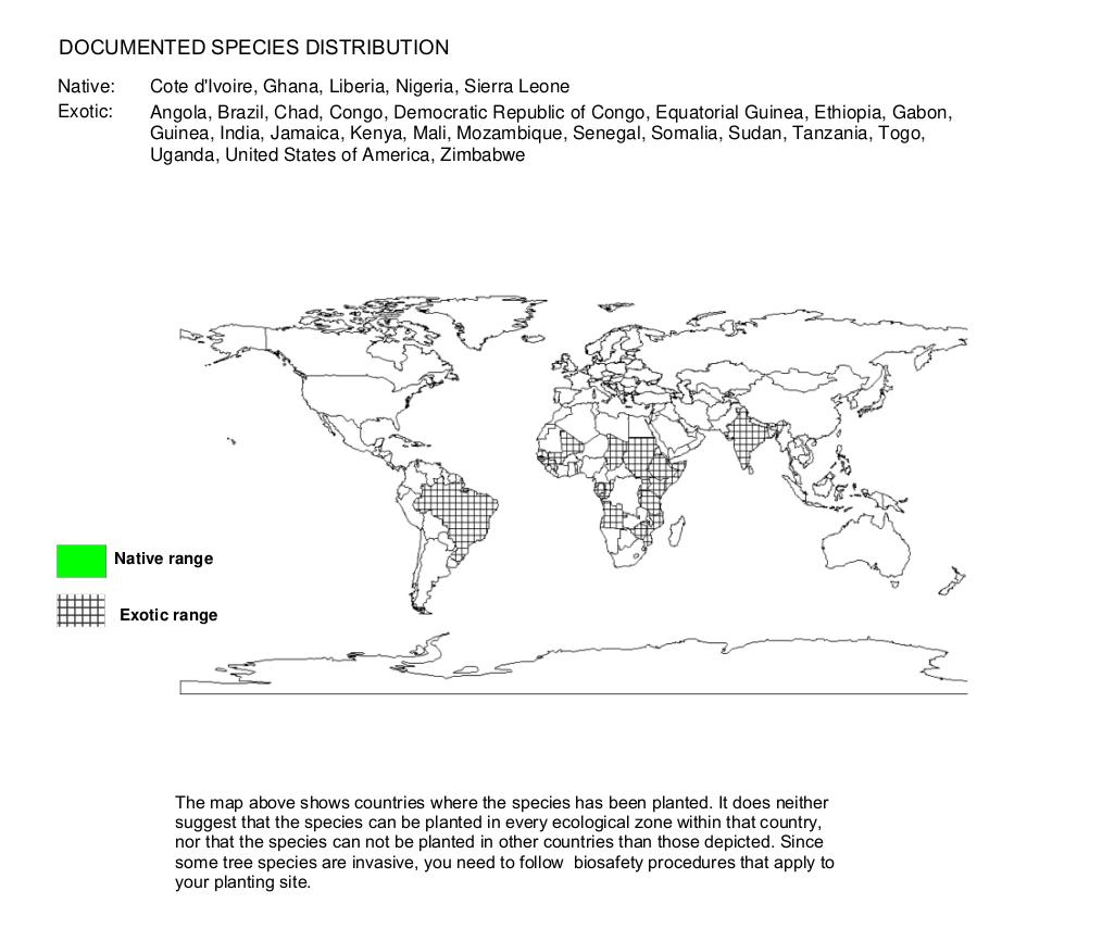 dokumented species distribution of cola nitida. Agroforestry Database v. 4.0